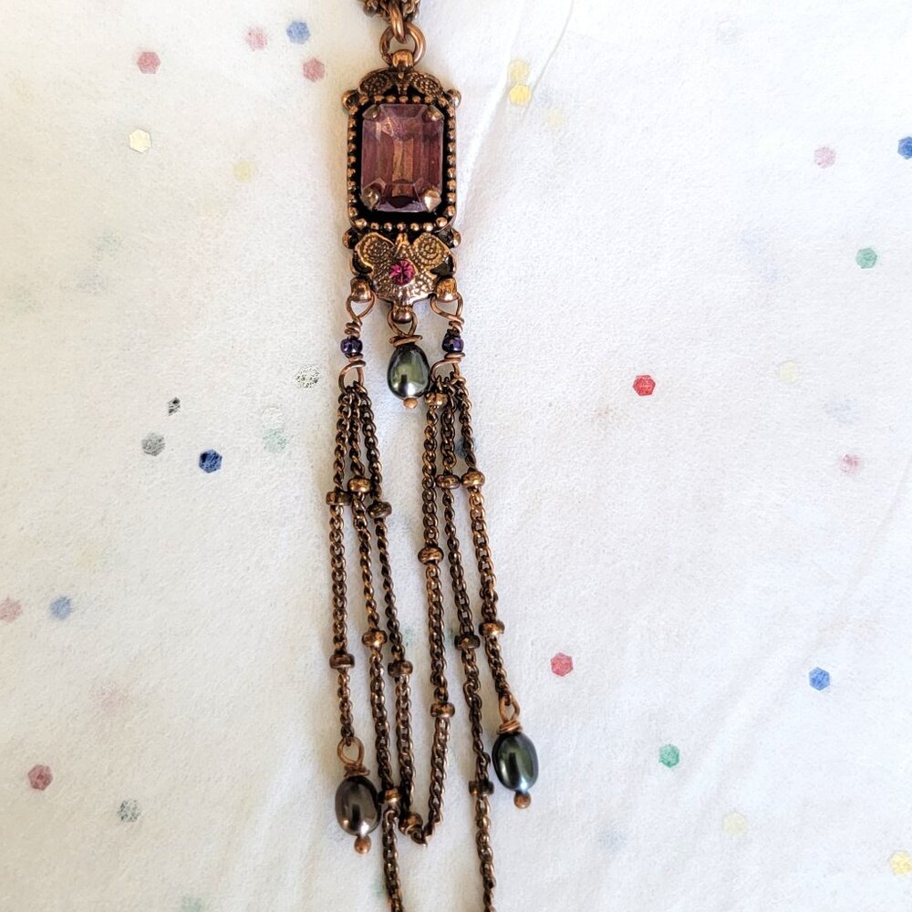 SATELLITE PARIS VINTAGE FACETED RECTANGULAR AMETHYST GLASS NECKLACE W/ DANGLES